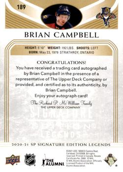 2020-21 SP Signature Edition Legends - Gold Spectrum Foil Autographs #189 Brian Campbell Back