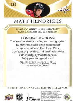 2020-21 SP Signature Edition Legends - Gold Spectrum Foil Autographs #228 Matt Hendricks Back
