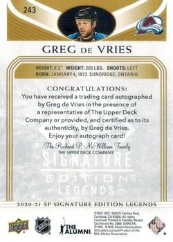 2020-21 SP Signature Edition Legends - Gold Spectrum Foil Autographs #243 Greg de Vries Back