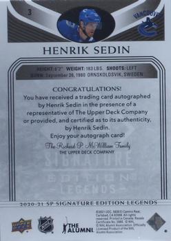 2020-21 SP Signature Edition Legends - Black #3 Henrik Sedin Back