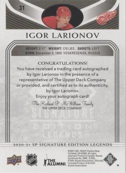 2020-21 SP Signature Edition Legends - Black #31 Igor Larionov Back