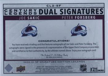 2020-21 SP Signature Edition Legends - Century Legends Signatures Dual #CL2-SF Joe Sakic / Peter Forsberg Back