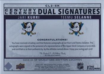 2020-21 SP Signature Edition Legends - Century Legends Signatures Dual #CL2-SK Jari Kurri / Teemu Selanne Back