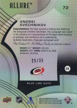 2021-22 Upper Deck Allure - Autographs Blue Line #72 Andrei Svechnikov Back