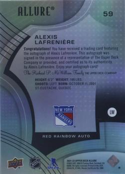 2021-22 Upper Deck Allure - Autographs Red Rainbow #59 Alexis Lafreniere Back