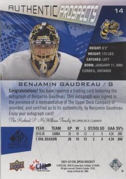2021-22 SP Game Used CHL - Autographs Blue #14 Benjamin Gaudreau Back