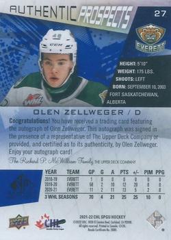 2021-22 SP Game Used CHL - Autographs Blue #27 Olen Zellweger Back