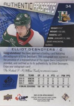 2021-22 SP Game Used CHL - Autographs Blue #34 Elliot Desnoyers Back