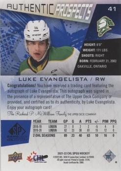 2021-22 SP Game Used CHL - Autographs Blue #41 Luke Evangelista Back