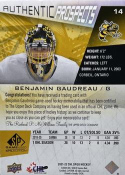 2021-22 SP Game Used CHL - Memorabilia Gold #14 Benjamin Gaudreau Back