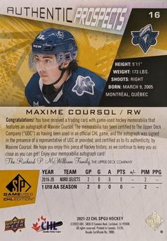 2021-22 SP Game Used CHL - Autograph Patch Gold #16 Maxime Coursol Back