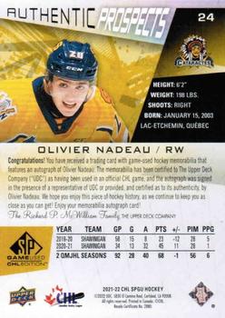 2021-22 SP Game Used CHL - Autograph Patch Gold #24 Olivier Nadeau Back