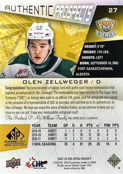 2021-22 SP Game Used CHL - Autograph Patch Gold #27 Olen Zellweger Back