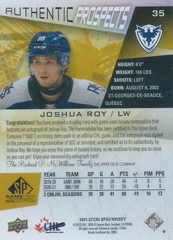 2021-22 SP Game Used CHL - Autograph Patch Gold #35 Joshua Roy Back