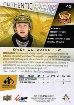 2021-22 SP Game Used CHL - Autograph Patch Gold #43 Owen Outwater Back