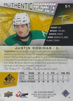 2021-22 SP Game Used CHL - Autograph Patch Gold #51 Justin Robidas Back