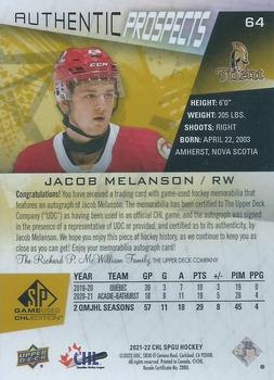 2021-22 SP Game Used CHL - Autograph Patch Gold #64 Jacob Melanson Back