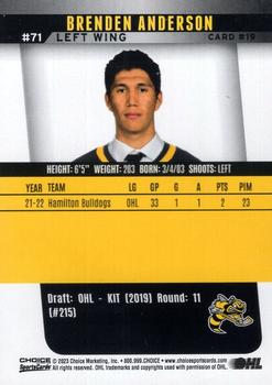 2022-23 Choice Sarnia Sting (OHL) #19 Brenden Anderson Back