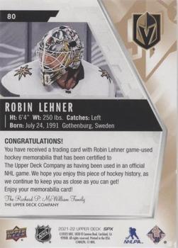 2021-22 SPx - Jerseys #80 Robin Lehner Back