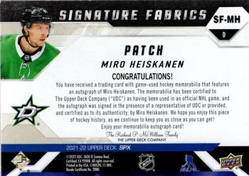 2021-22 SPx - Signature Fabrics Patch #SF-MH Miro Heiskanen Back