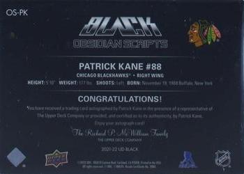 2021-22 SPx - UD Black Obsidian Scripts #OS-PK Patrick Kane Back