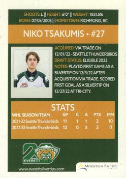2022-23 Mountain Pacific Bank Everett Silvertips (WHL) #NNO Niko Tsakumis Back