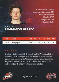 2022-23 Regina Pats (WHL) #NNO Omen Harmacy Back