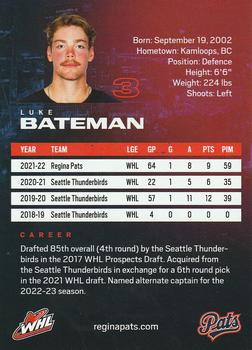 2022-23 Regina Pats (WHL) #NNO Luke Bateman Back