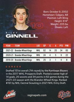 2022-23 Regina Pats (WHL) #NNO Riley Ginnell Back
