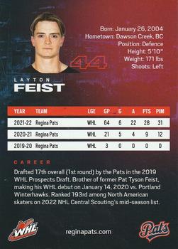 2022-23 Regina Pats (WHL) #NNO Layton Feist Back