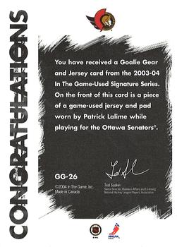 2015-16 In The Game Final Vault - 2003-04 In The Game Used Signature Series - Goalie Gear (Red Vault Stamp) #GG-26 Patrick LaLime Back