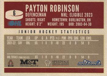 2022-23 Guelph Storm (OHL) #NNO Payton Robinson Back