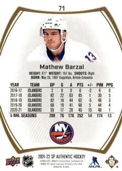 2021-22 SP Authentic - Limited Gold #71 Mathew Barzal Back
