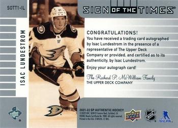 2021-22 SP Authentic - 2001-02 Retro Sign of the Times #SOTT1-IL Isac Lundestrom Back