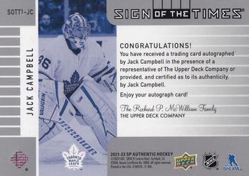 2021-22 SP Authentic - 2001-02 Retro Sign of the Times #SOTT1-JC Jack Campbell Back
