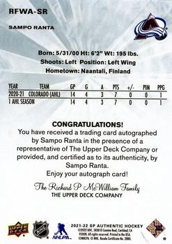 2021-22 SP Authentic - 2011-12 Retro Future Watch Autographs #RFWA-SR Sampo Ranta Back