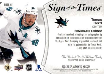 2021-22 SP Authentic - Sign of the Times #SOTT-HE Tomas Hertl Back
