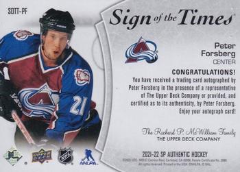 2021-22 SP Authentic - Sign of the Times #SOTT-PF Peter Forsberg Back