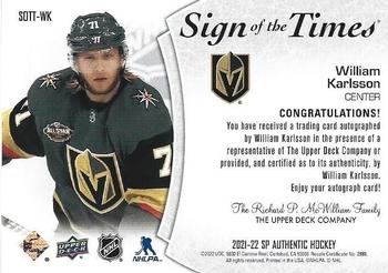 2021-22 SP Authentic - Sign of the Times #SOTT-WK William Karlsson Back