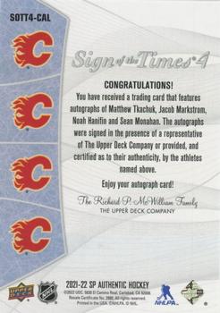 2021-22 SP Authentic - Sign of the Times 4 #SOTT4-CAL Matthew Tkachuk / Jacob Markstrom / Noah Hanifin / Sean Monahan Back