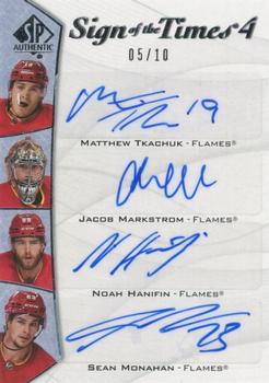 2021-22 SP Authentic - Sign of the Times 4 #SOTT4-CAL Matthew Tkachuk / Jacob Markstrom / Noah Hanifin / Sean Monahan Front