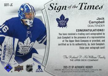 2021-22 SP Authentic - Sign of the Times Black #SOTT-JC Jack Campbell Back
