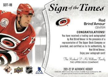 2021-22 SP Authentic - Sign of the Times Black #SOTT-RB Rod Brind'Amour Back