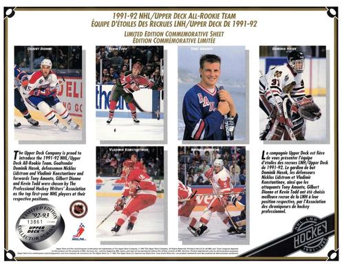 1992-93 Upper Deck - Commemorative Sheets #NNO 1991-92 NHL/Upper Deck All-Rookie Team Front