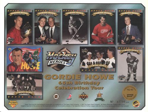 1992-93 Upper Deck - Commemorative Sheets #NNO Gordie Howe - 65th Birthday Celebration Tour Front