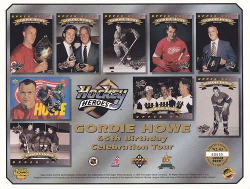1992-93 Upper Deck - Commemorative Sheets #NNO Gordie Howe - 65th Birthday Celebration Tour - Canadian Front