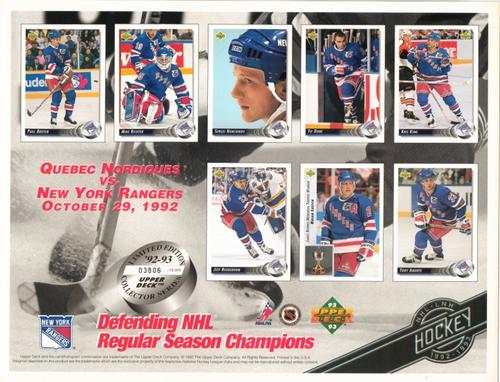1992-93 Upper Deck - Commemorative Sheets #NNO New York Rangers Front
