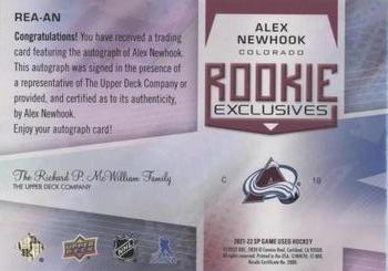 2021-22 SP Game Used - Rookie Exclusives Autographs Achievements #REA-AN Alex Newhook Back
