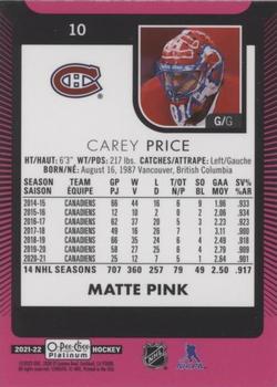 2021-22 O-Pee-Chee Platinum - Matte Pink #10 Carey Price Back
