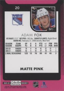 2021-22 O-Pee-Chee Platinum - Matte Pink #20 Adam Fox Back